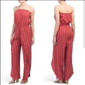*Anthro Drew Emerson Red Striped Linen Blend Strapless Split Leg XS Jumpsuit#IR